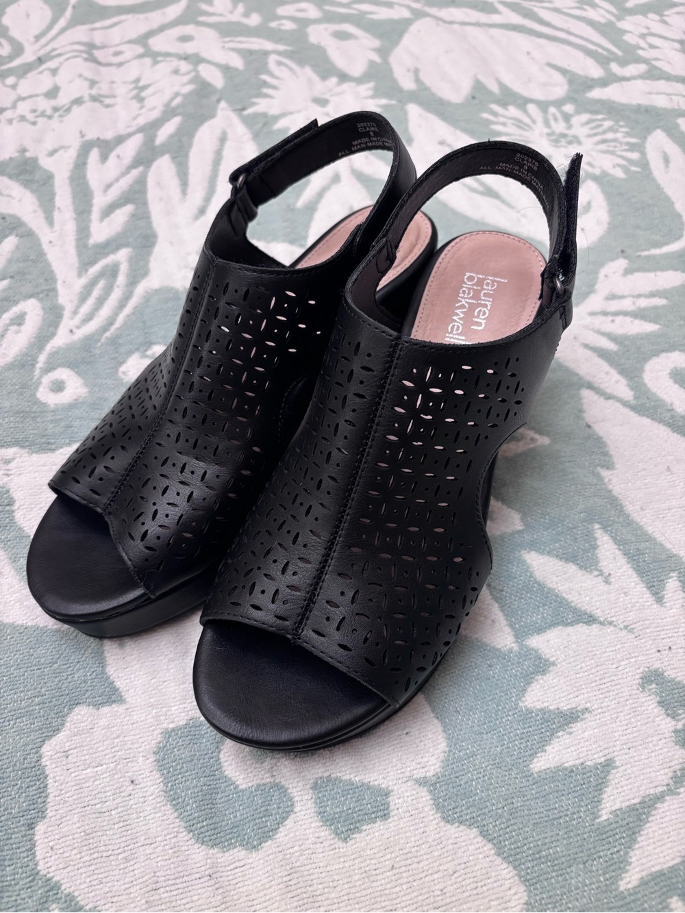 Black Laser-Cut Slingback Wedge Sandals